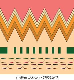 Seamless geometric pattern with feathers. Colorful ethnic pattern. Pink, green and terracotta shapes.