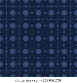 Um padrão geométrico contínuo apresenta círculos e linhas em vários tons de azul, criando profundidade.