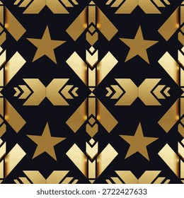 A seamless geometric pattern features golden stars and abstract shapes arranged symmetrically on a dark navy background. The golden elements have a metallic sheen with subtle gradients, creating a sense of depth and luxury. The design has a vintage or art deco feel, suitable for backgrounds or decorative purposes.