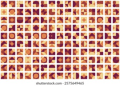 Seamless geometric pattern features a grid of squares filled with various shapes.