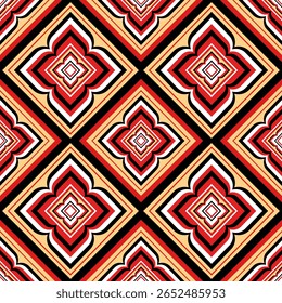 A seamless geometric pattern features a repeating floral motif in red black white and gold colors creating a visually striking and symmetrical design