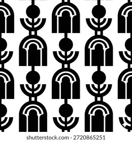 Un patrón geométrico sin fisuras con Formas abstractas negras dispuestas en un diseño repetitivo sobre un fondo blanco, creando una estética visualmente llamativa y moderna.