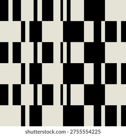 Seamless geometric pattern featuring black and beige rectangles, squares, and bars. Abstract minimalist modular grid design for textile, wallpaper, branding, and modern home decor. Vector art.