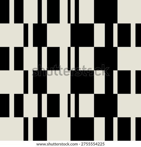 Seamless geometric pattern featuring black and beige rectangles, squares, and bars. Abstract minimalist modular grid design for textile, wallpaper, branding, and modern home decor. Vector art.
