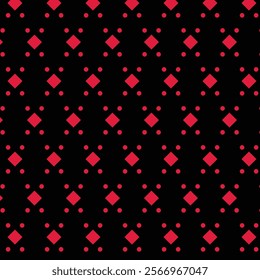 A seamless geometric pattern featuring bold diamonds surrounded by small dots on a striking black background, perfect for fabric design and digital wallpapers.