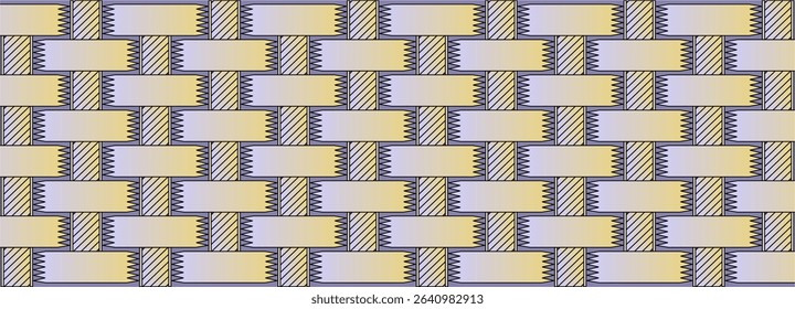 Seamless geometric pattern featuring a brick-like design with alternating diagonal shading in pastel yellow and purple tones. Ideal for digital backgrounds, textiles, or abstract designs.