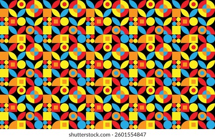 A seamless geometric pattern featuring circles, squares, and leaf-like shapes in retro orange, teal, and yellow tones. Perfect for textiles, wallpaper, and design.