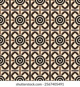 Seamless geometric pattern featuring circular and angular shapes with black and brown details on a beige background, perfect for fabric design, wallpaper, wrapping paper, and modern decor.