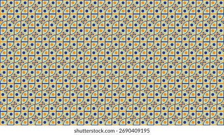 A seamless geometric pattern featuring circular and star-like shapes in vivid orange, blue, and turquoise hues. The rhythmic design creates a bold, retro vibe, perfect for modern backgrounds 