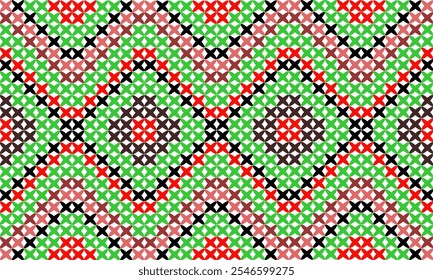 Um padrão geométrico contínuo com formas cruzadas coloridas em vermelho, preto e rosa contra um fundo verde. O design cria uma sensação de movimento e interesse visual.