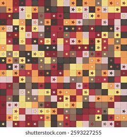 A seamless geometric pattern featuring colorful squares, stars, and spiral motifs in warm autumn shades of red, orange, and yellow. This decorative background is ideal for textile design, wallpapers, 