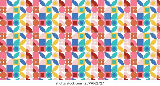 Seamless geometric pattern featuring a colorful mix of abstract shapes, including circles, squares, and leaves, arranged in a modern and playful design. vibrant color palette of blue, yellow, pink.