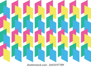 Seamless geometric pattern featuring colorful overlapping chevron shapes in pink, yellow, green, and blue on a white background