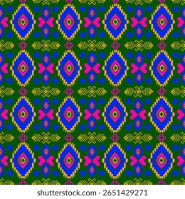 A seamless geometric pattern featuring colorful diamond shapes in blue, pink, yellow, and green tones. The layout is symmetrical and intricately designed with tribal-inspired accents