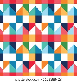 Seamless geometric pattern featuring colorful triangles and squares arranged in a symmetrical tiled grid with red, teal, blue, orange, and green.