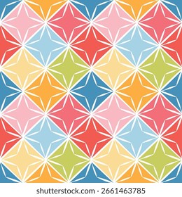 Um padrão geométrico perfeito, apresentando estrelas coloridas em um layout repetido com uma aparência de papel dobrado, semelhante a caleidoscópio.