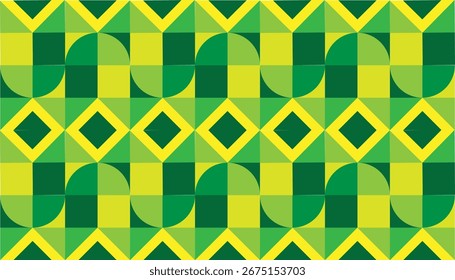 Seamless Geometric Pattern featuring a combination of triangles, rhombuses, and circles in shades of green and yellow