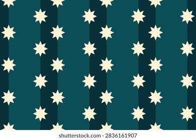 Seamless geometric pattern featuring cream eight-pointed stars set against vertical dark teal stripes. Perfect for modern retro textiles, holiday gift wrap, wallpaper, interior decor, and stylish graphic backgrounds.