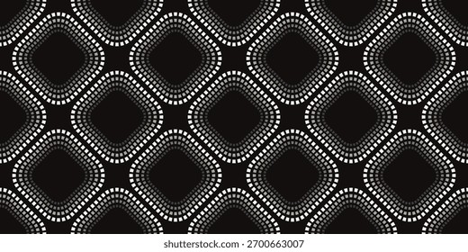 Padrão geométrico contínuo com linhas tracejadas em preto, cinza e branco, quadrado arredondado, design têxtil, design de envoltório de presente, repetir.