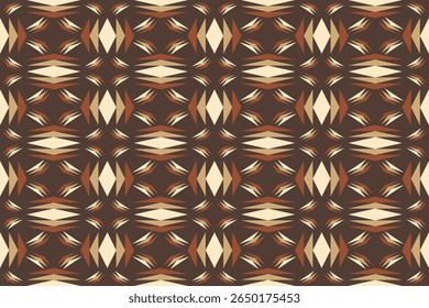 A seamless geometric pattern featuring diamond shapes and striped elements in earthy tones of brown beige and cream inspired by  tribal art