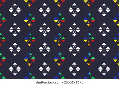 Motif géométrique harmonieux de diamants composé de triangles colorés sur fond bleu foncé