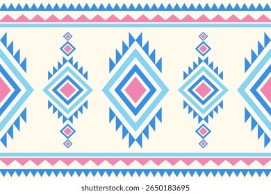 Seamless geometric pattern featuring diamonds and triangles in a repeating ethnic motif rendered in blue pink and light blue hues against a cream background