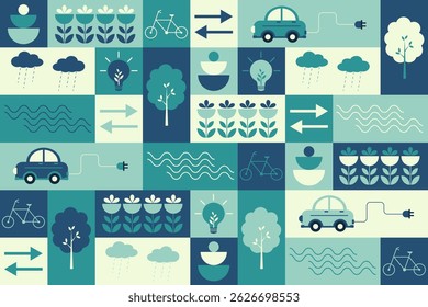 A seamless geometric pattern featuring eco-friendly themes, including electric cars, bicycles, trees, flowers, and energy icons in cool blue and green tones.