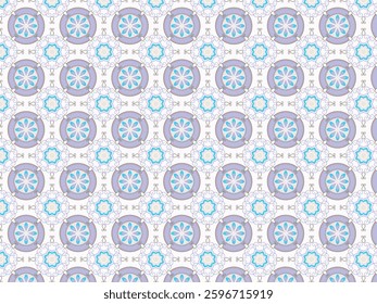 A seamless geometric pattern featuring an elegant design inspired by mandala and classic ornaments. This pattern showcases a harmonious blend of blue, purple, and white, creating a moder