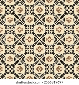 Seamless geometric pattern featuring floral and circular motifs with black and brown accents on a beige background, ideal for wallpapers, textiles, and digital designs.