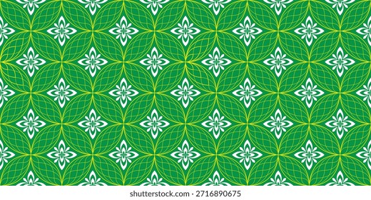 Seamless geometric pattern featuring green leaf shapes and elegant white flowers. A fresh, nature-inspired vector background for textile and wallpaper.