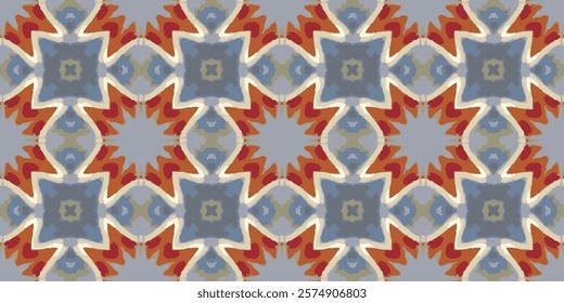 Seamless geometric pattern featuring a harmonious blend of warm orange and red tones contrasted with cool blue and gray hues. Abstract motifs formed by interlocking shapes creating a dynamic visual.