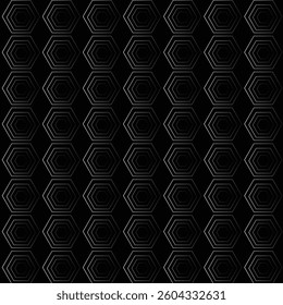 A seamless geometric pattern featuring hexagonal line art on a black background.