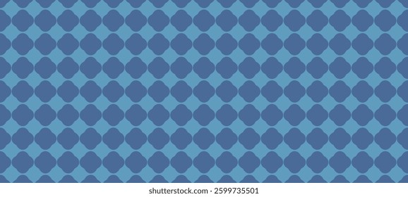 A seamless geometric pattern featuring interlocking dark blue clover-like shapes arranged in a grid formation