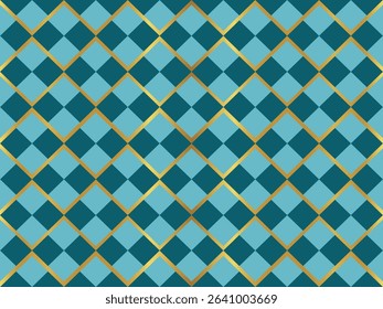 A seamless geometric pattern featuring interlocking diamond shapes in shades of blue and gold lines on a teal background.