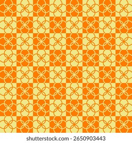 A seamless geometric pattern featuring interlocking circular motifs in a vibrant orange and cream color palette. The retro tile-inspired design has a rhythmic, symmetric layout ideal for textile