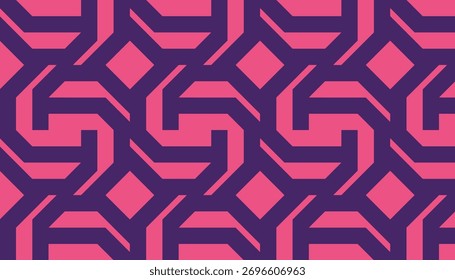 A seamless geometric pattern featuring interlocking lines and diamond shapes in deep purple and soft pink colors. The bold contrast creates a vibrant and modern visual rhythm