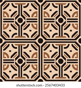 Seamless geometric pattern featuring intricate black and brown lines on a beige background, perfect for wallpaper, fabric design, tiles, wrapping paper, and digital projects.