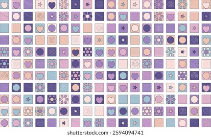 A seamless geometric pattern featuring nested shapes in squares, including circles, hearts, stars, and spirals in soft pastel shades of purple, pink, and blue. 