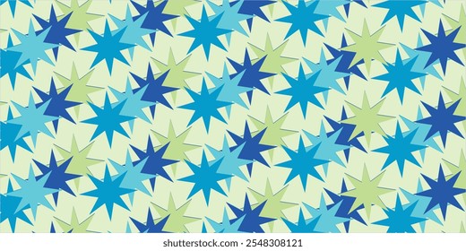 Seamless geometric pattern featuring overlapping starburst shapes in shades of blue, cyan, and green on a light background. Colorful Abstract Star Pattern with Cyan and Navy Accents