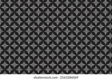 A seamless geometric pattern featuring overlapping circular shapes forming a flower-like motif. The design creates a symmetrical and repetitive layout in black and white tones, perfect for backgrounds