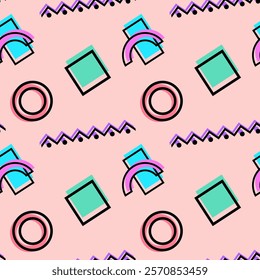 Seamless geometric pattern featuring pastel tones, including pink, green, and blue rectangles, circles, zigzag lines, and arcs.