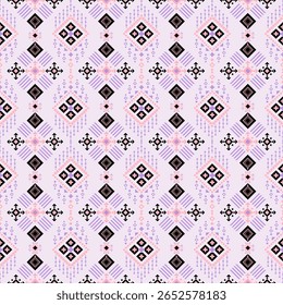 A seamless geometric pattern featuring pastel pink, lavender, and black diamond shapes with intricate smaller motifs on a light lavender background.