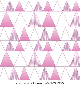 Seamless geometric pattern featuring pink and white triangles with line textures. Perfect for digital backgrounds, textile designs, wallpapers, modern prints, web graphics, and abstract compositions