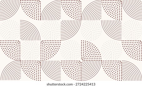 Um padrão geométrico sem costura com círculos trimestrais preenchidos com arcos concêntricos e texturas pontilhadas, dispostos em uma grade repetitiva.