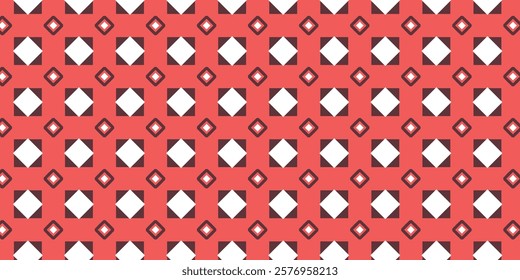 A seamless geometric pattern featuring red and white diamond shapes and inner square designs. Creates a modern, balanced visual aesthetic suited for backgrounds, textiles, or digital projects.