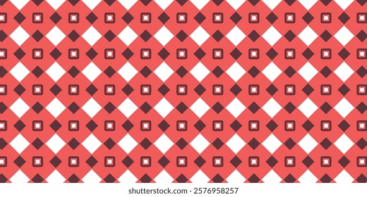 A seamless geometric pattern featuring red and white diamond shapes and inner square designs. Creates a modern, balanced visual aesthetic suited for backgrounds, textiles, or digital projects.