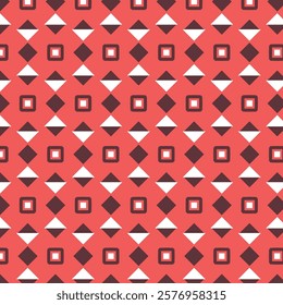 A seamless geometric pattern featuring red and white diamond shapes and inner square designs. Creates a modern, balanced visual aesthetic suited for backgrounds, textiles, or digital projects.