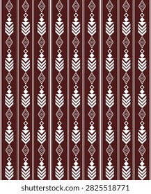 Seamless geometric pattern featuring repeated vertical rows of white diamond, chevron, and arrow motifs on a dark burgundy background, arranged in a symmetrical decorative textile design.