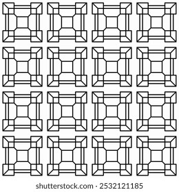 Seamless geometric pattern featuring a repeating square design in black and white. Suitable for backgrounds, wallpapers, textiles or decorative elements.