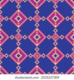 A seamless geometric pattern featuring repeating diamond shapes in vibrant pink, blue, and orange tones, inspired by traditional tribal designs